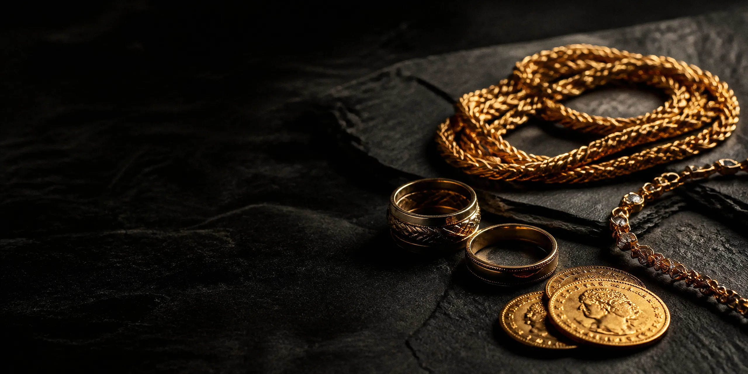 Monedas y joyas de oro sobre pizarra